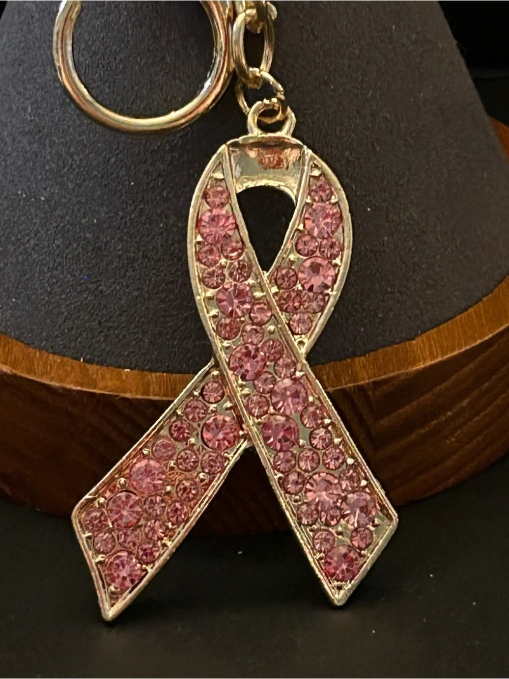 Pink Crystal Support Awareness Ribbon Card Holder Bag Charm Keychain - Gold